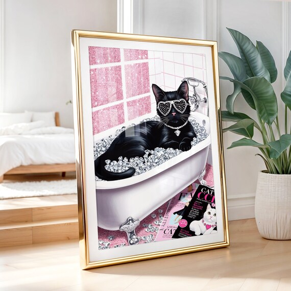 Black Cat Diamond Bath Glam Luxury Funny Bathroom Photo Poster