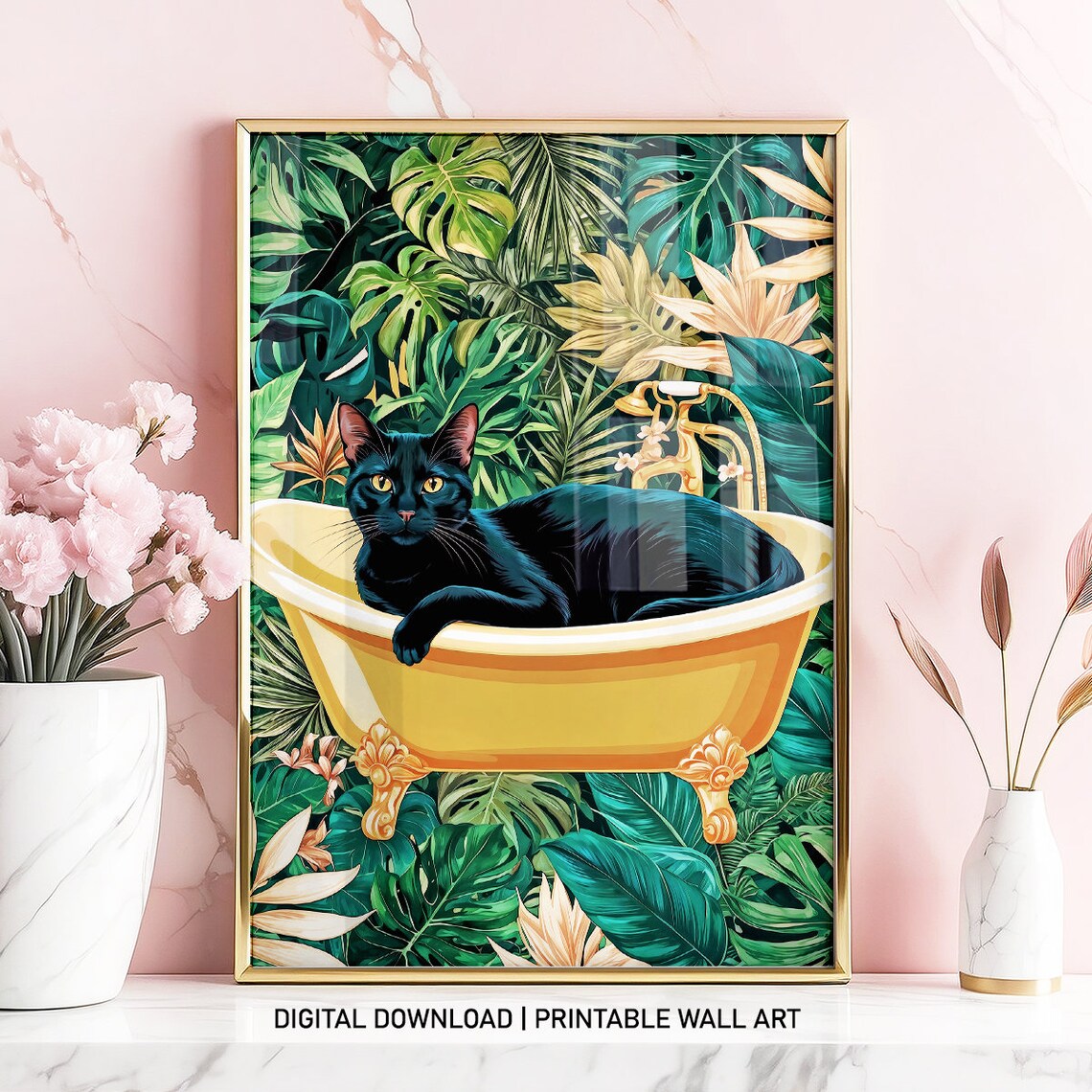 Black Cat In Golden Bathtub With Tropical Monstera Leaves Poster - Image 3