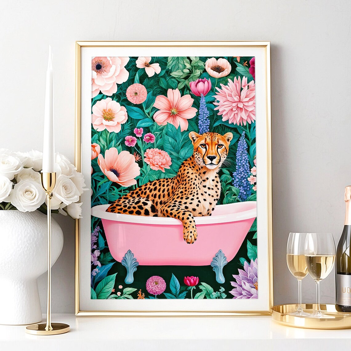 Cheetah In A Bathtub, Boho Bathroom Art Print - Image 2