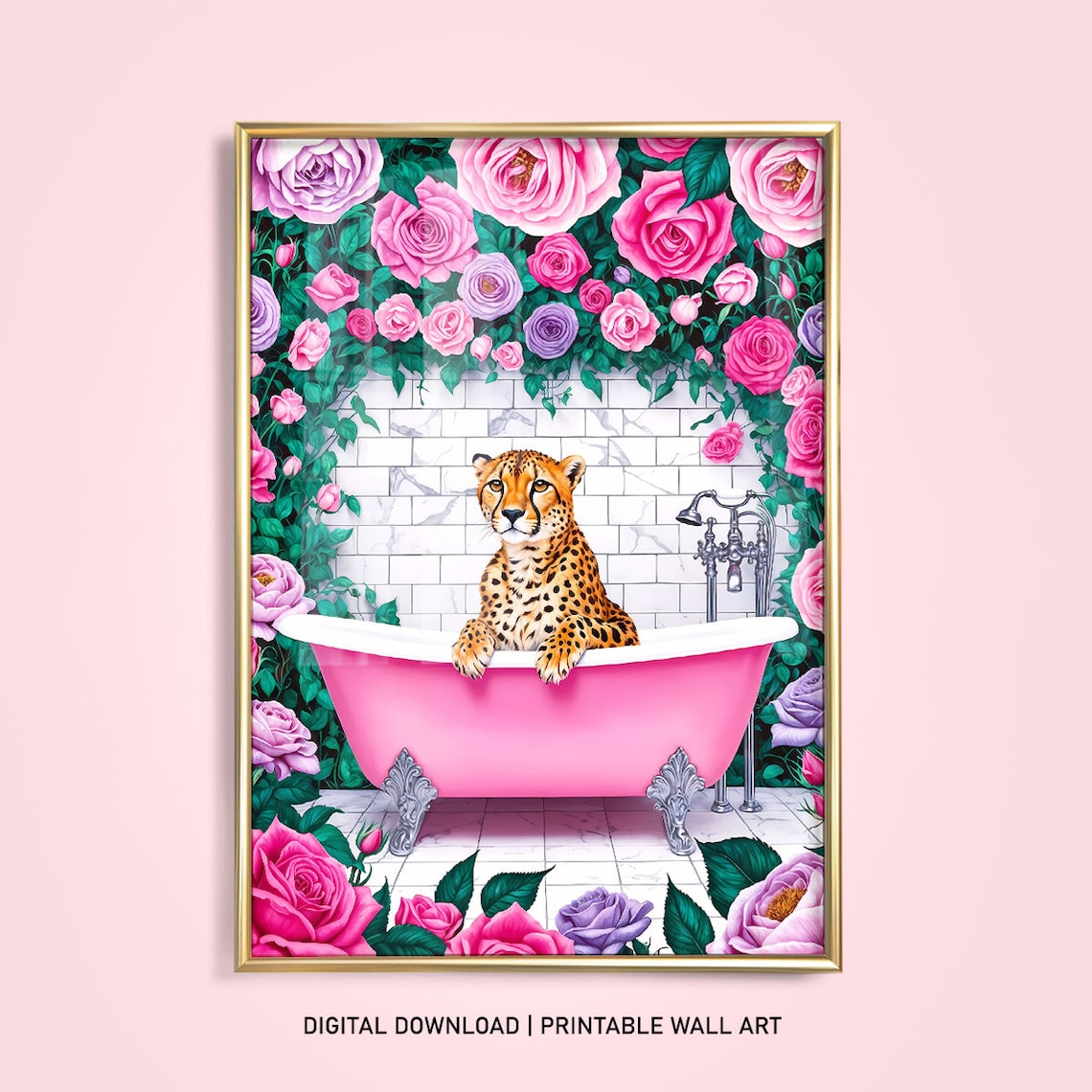 Cheetah In Pink Bathtub Surrounded By Roses Bathroom Wall Poster