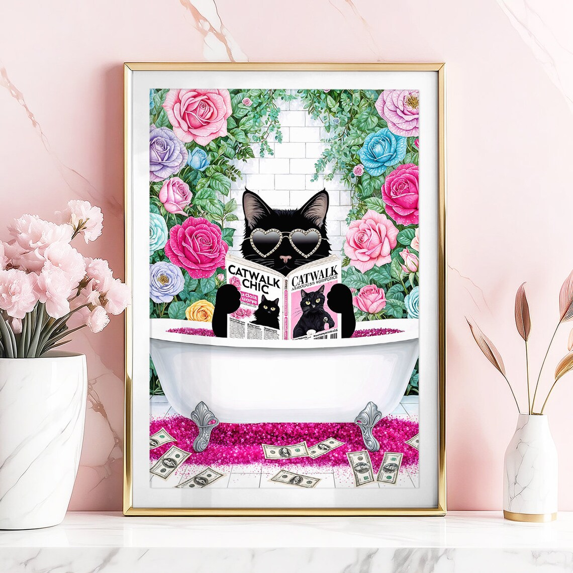 Black Cat In Bathtub Reading Catwalk Chic Magazine With Roses Poster - Image 2