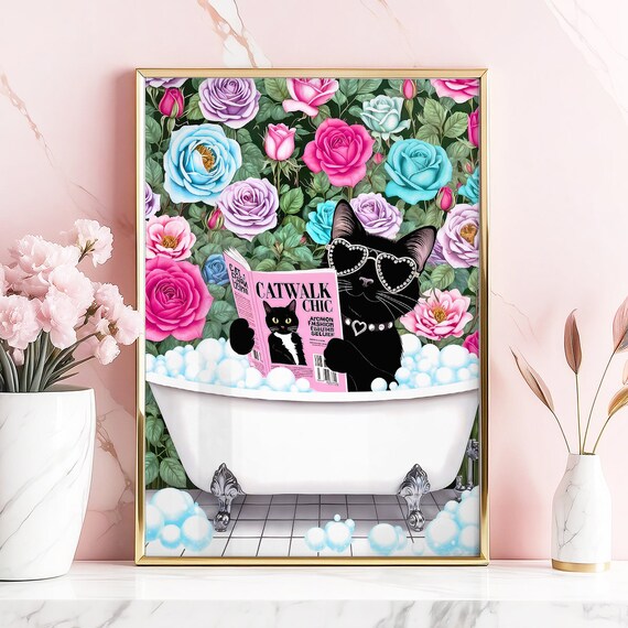 Black Cat Reading Catwalk Chic In Bubble Bath With Roses Poster