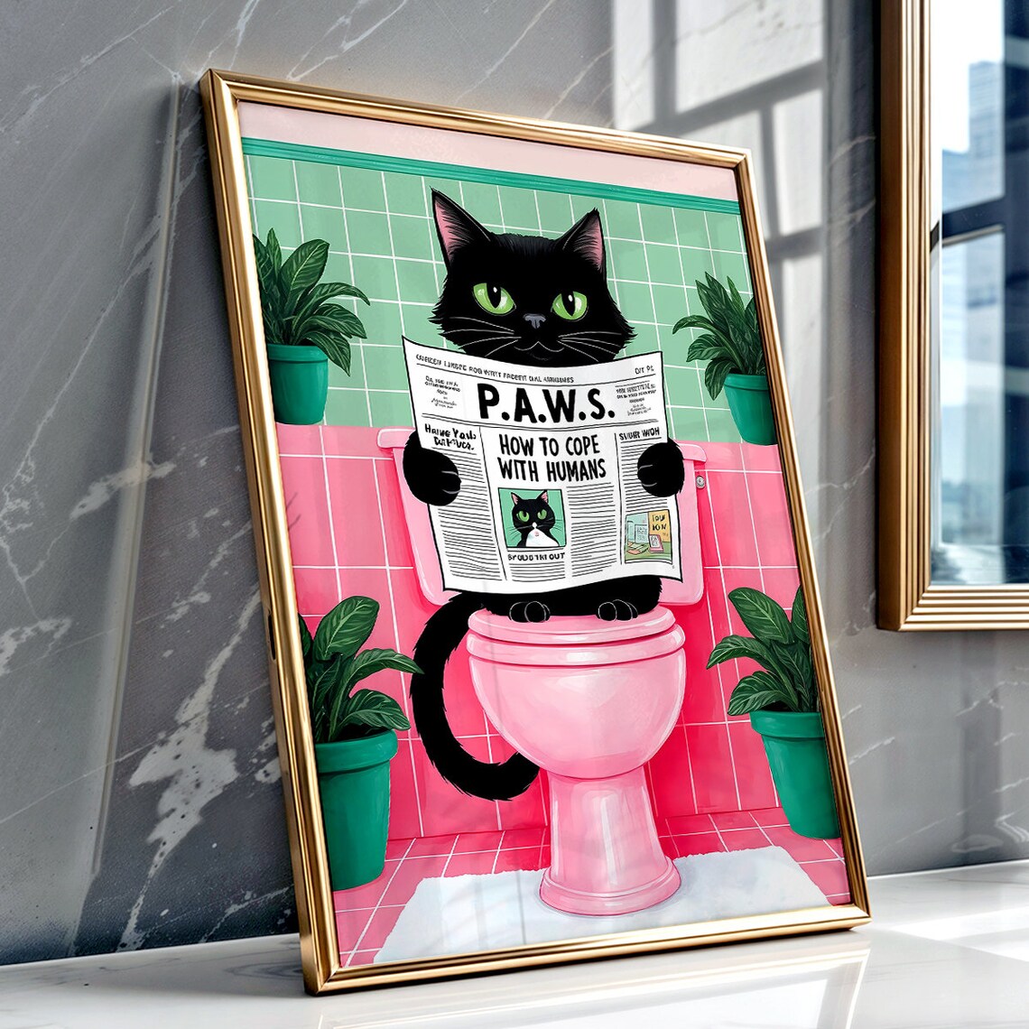 Black Cat Reading P.A.W.S. Newspaper on Pink Toilet Funny Poster - Image 2
