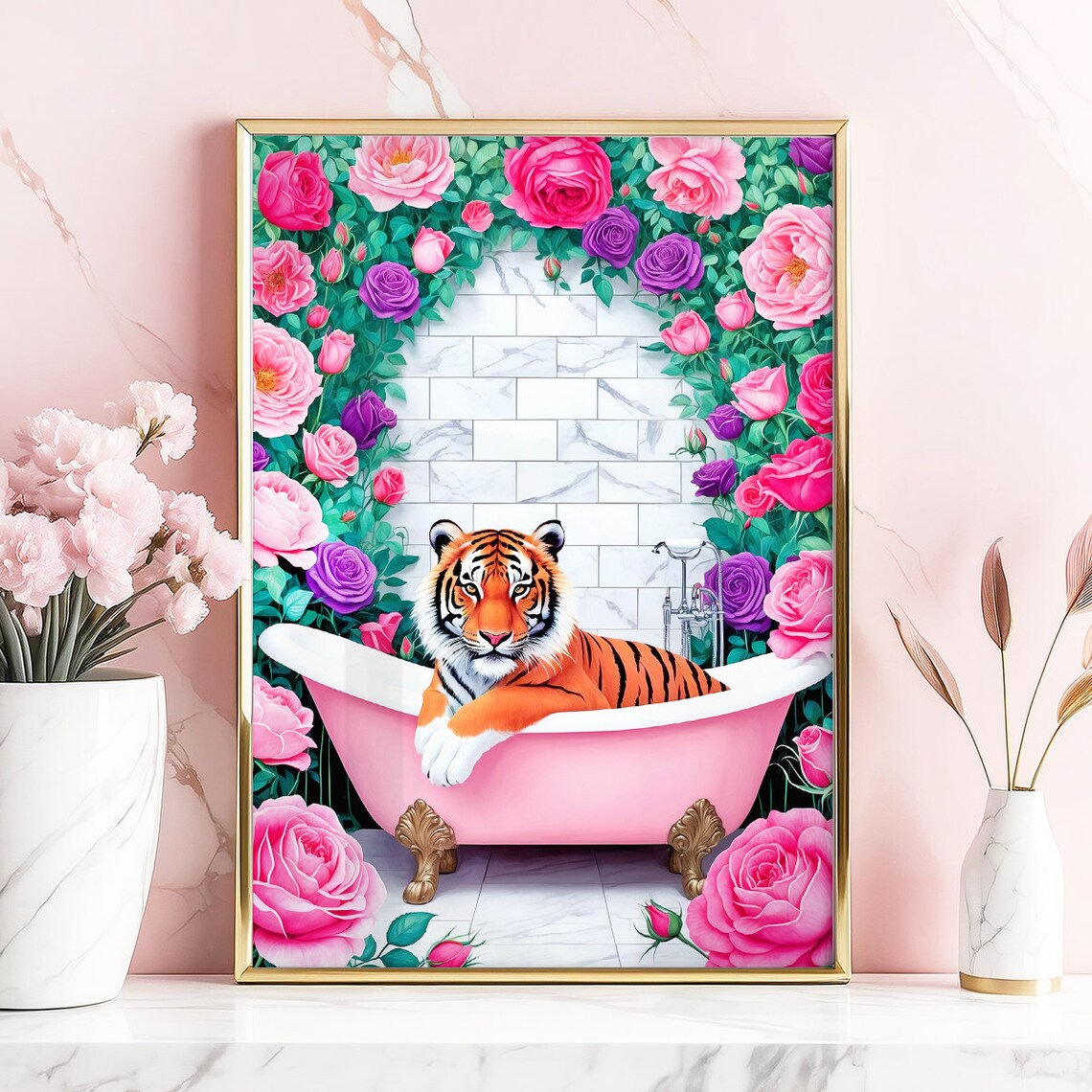 Tiger Pink Bathtub Roses Maximalist Funny Bathroom Decor Poster - Image 5