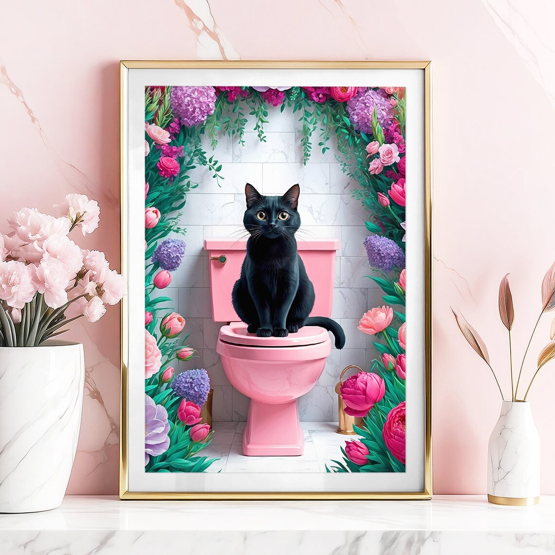 Black Cat Pink Toilet Floral Arch Funny Bathroom Decor Poster