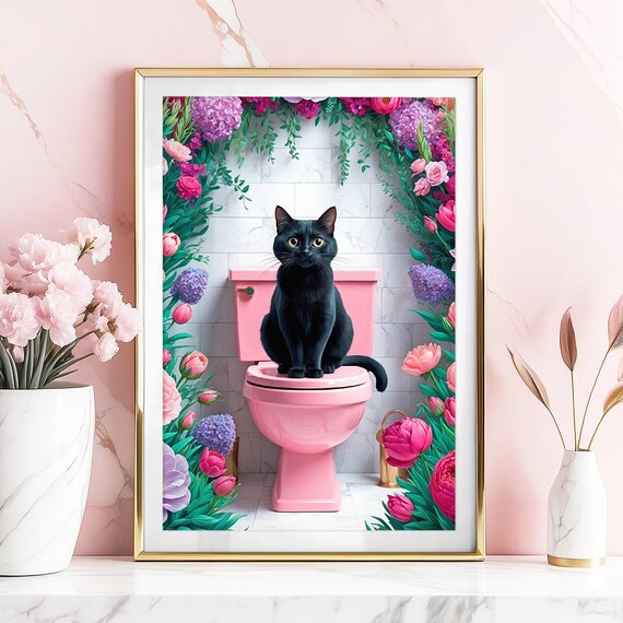 Black Cat Pink Toilet Floral Arch Funny Bathroom Decor Poster