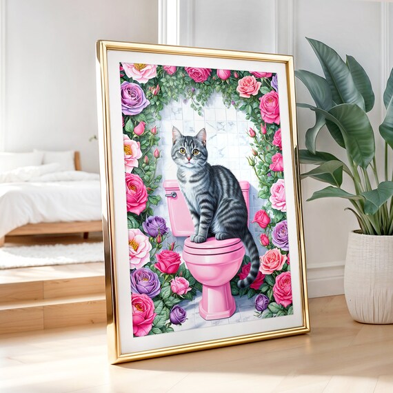 Grey Tabby Cat Sitting On Pink Toilet Lid With Rose Frame Poster
