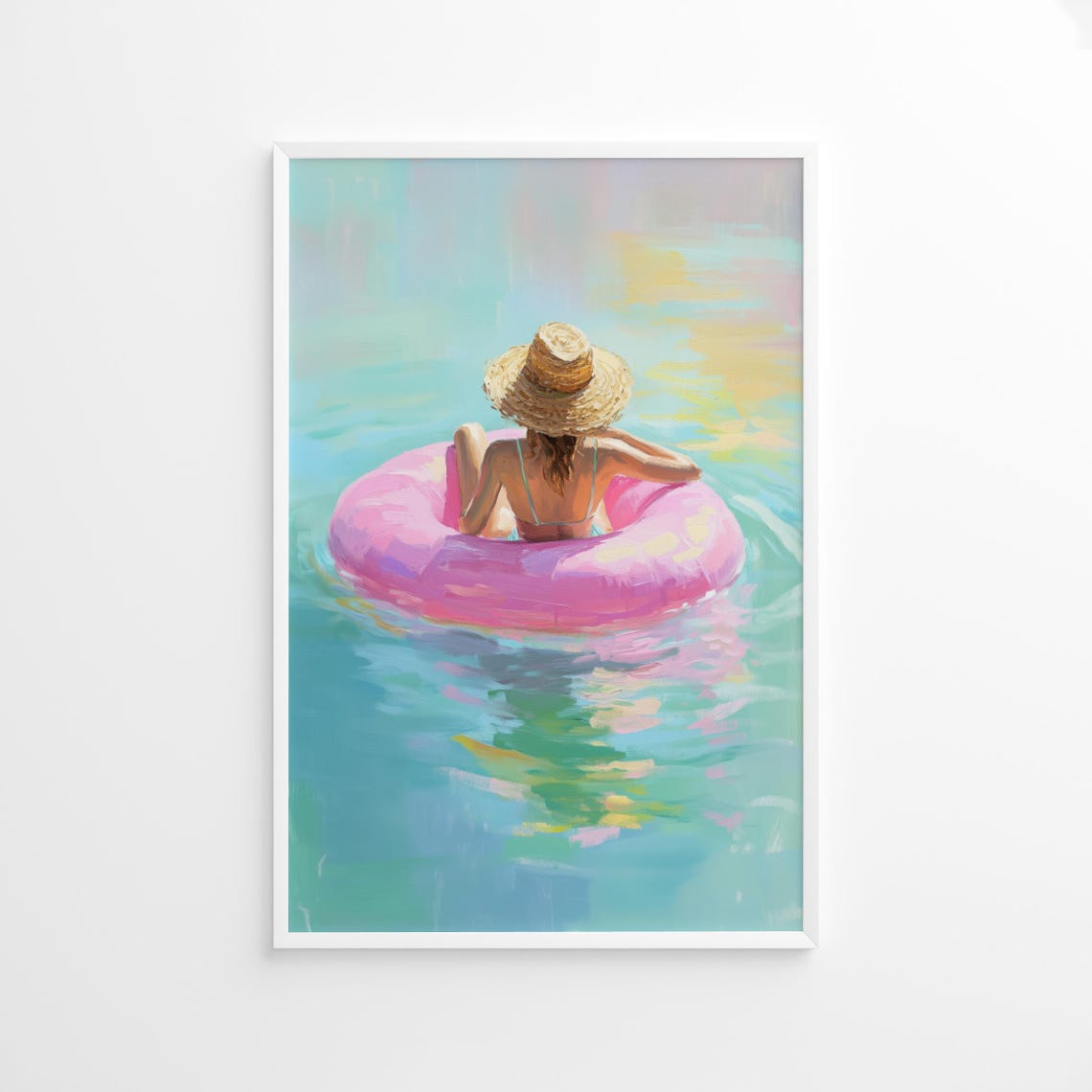 Woman in Straw Hat on Pink Pool Float Floating Summer Wall Art