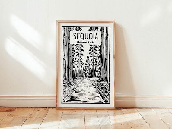 Sequoia National Park Boardwalk Woodcut Black White Art Poster