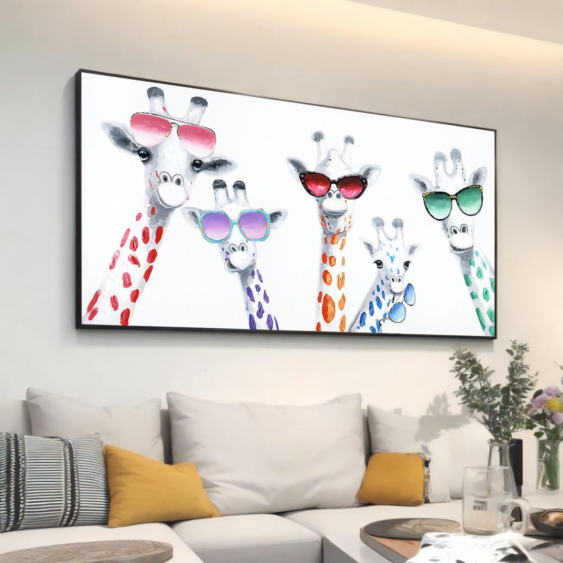 Five Playful Giraffes Wearing Colorful Sunglasses Funny Wall Poster