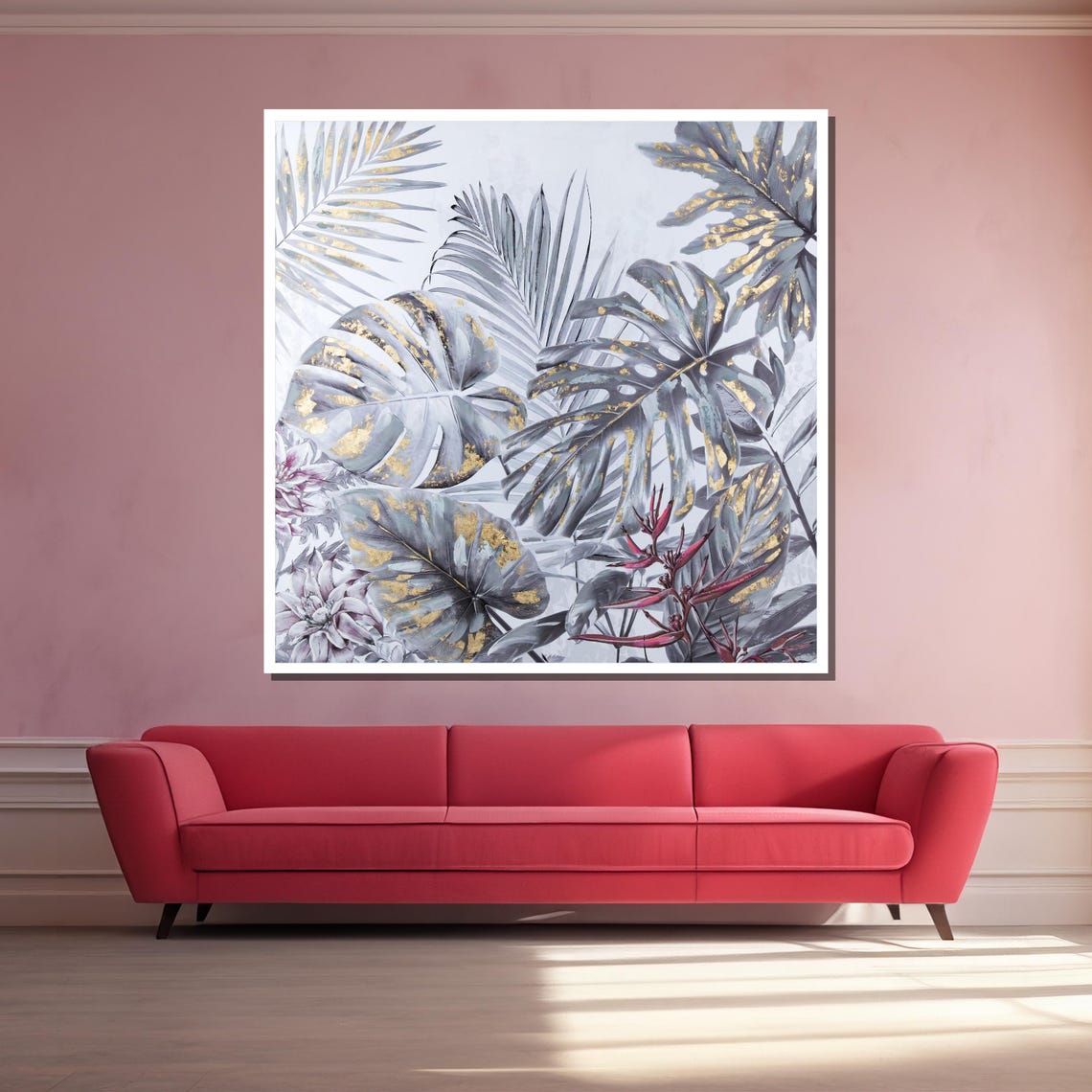 Gray Monstera and Palm Leaves With Gold Accents Botanical Art Poster - Image 3