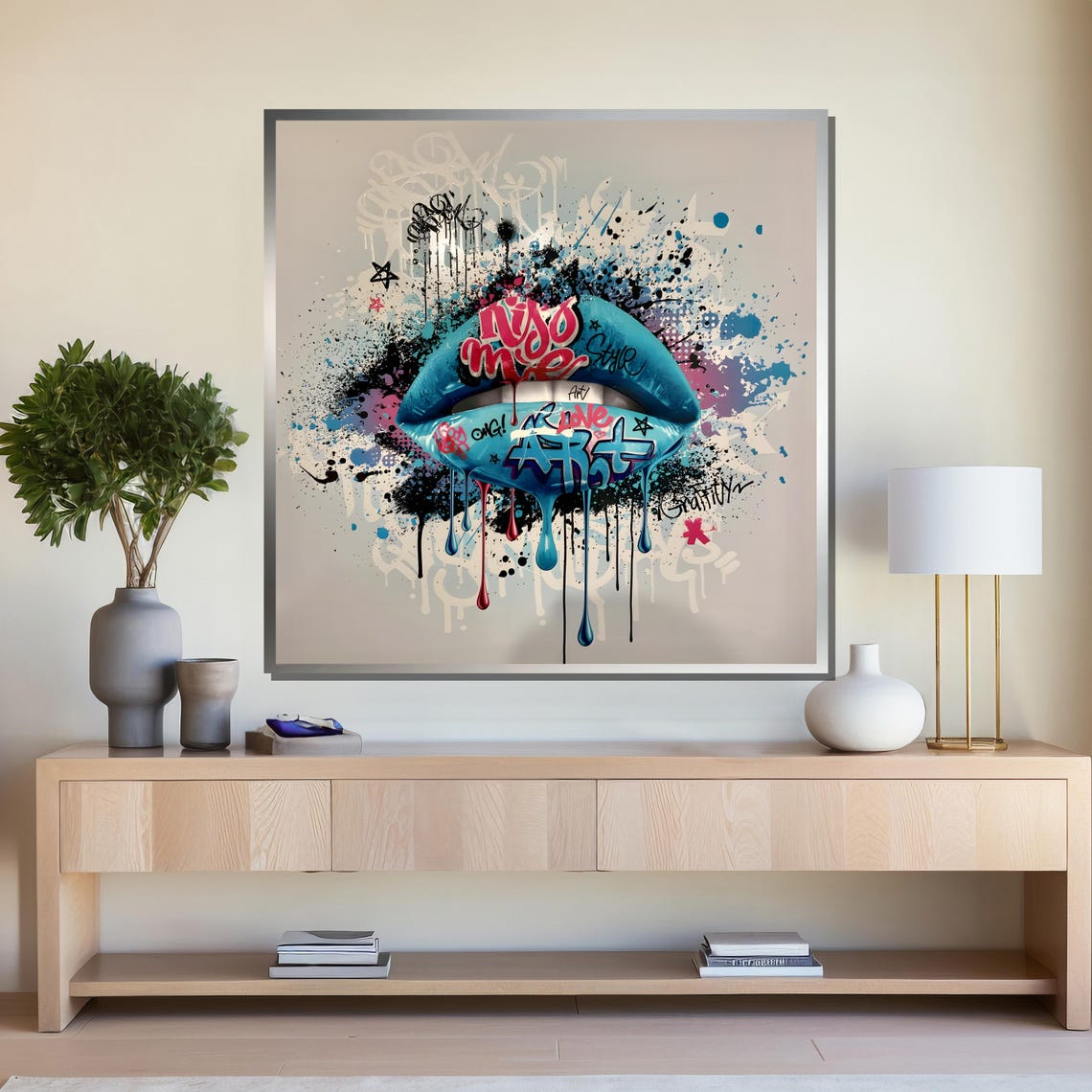 Blue Graffiti Lips With Dripping Paint Urban Street Style Art Poster - Image 4