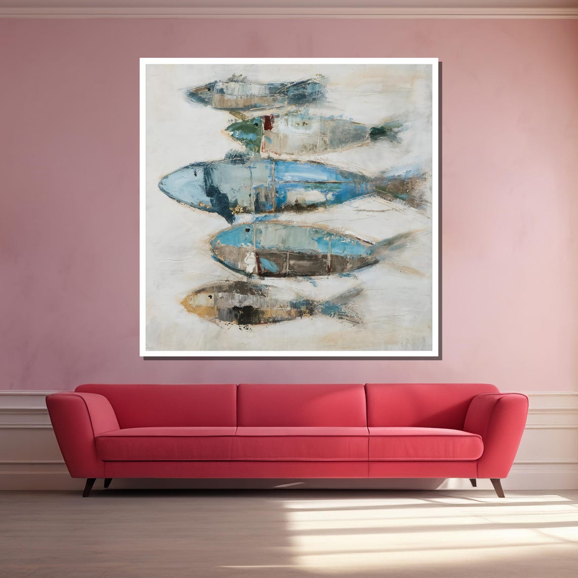 Abstract Fish Wall Art Coastal Blue And Beige Painting Modern Ocean Inspired Decor For Living Room Or Office Ready To Hang - Image 3