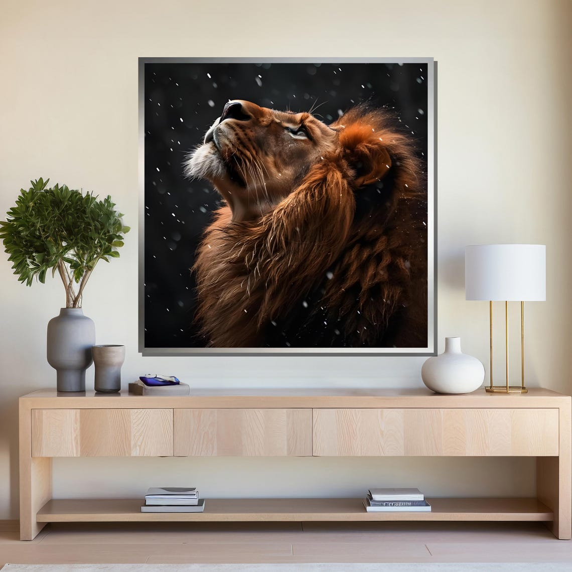 Majestic Lion Gazing Skyward Snow Dark Dramatic Wildlife Poster - Image 4
