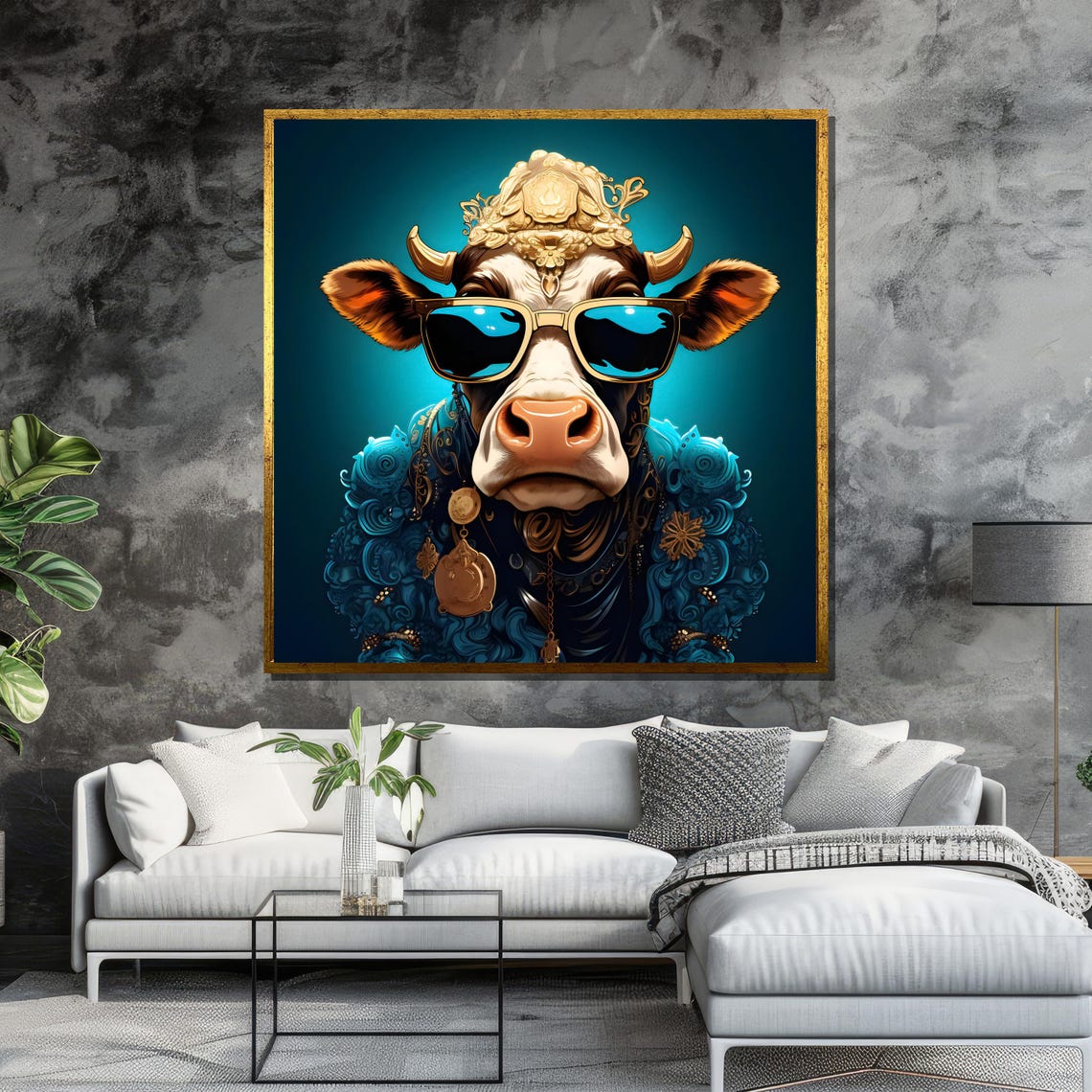Funky Cow in Sunglasses Cool Animal Portrait Poster for Living Room - Image 6