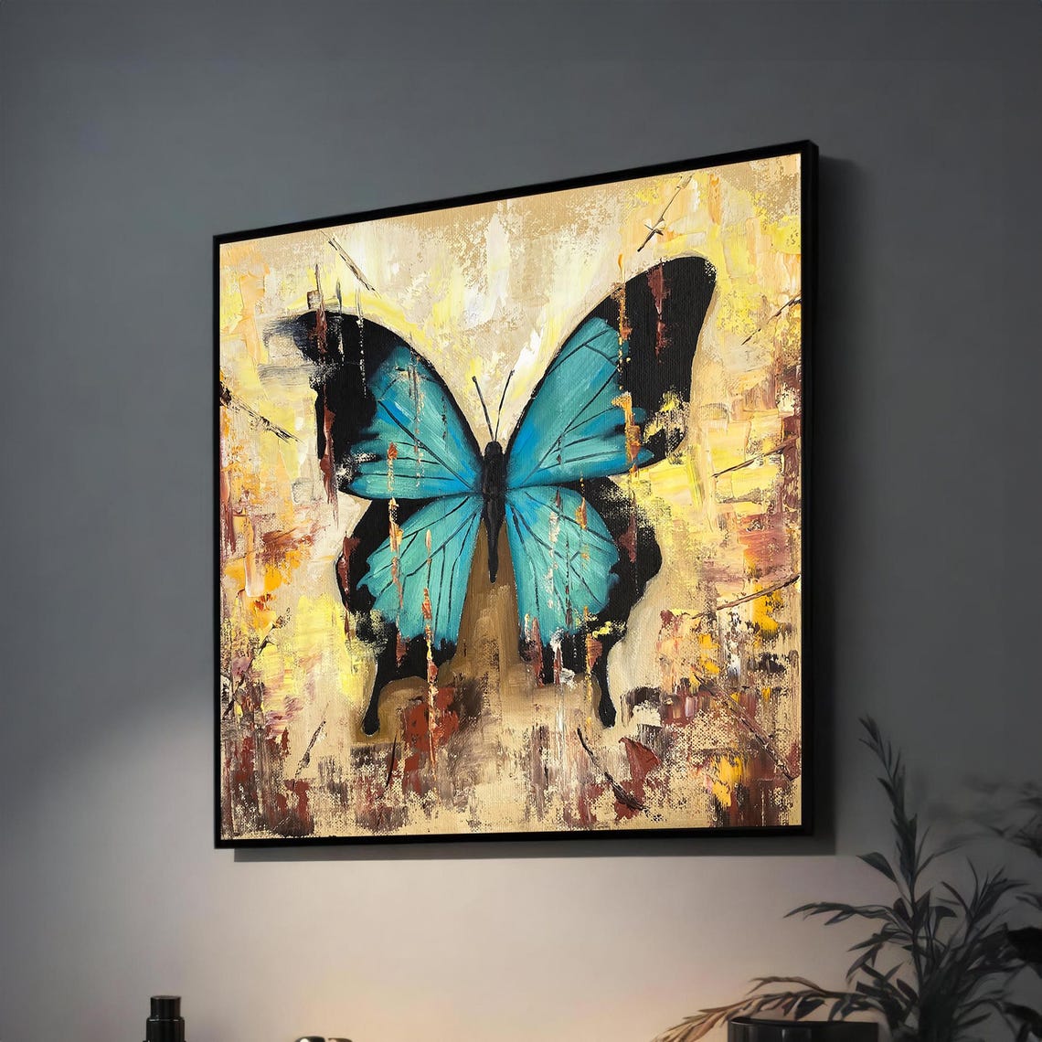 Blue Morpho Butterfly Gold Painted Abstract Background Art Poster