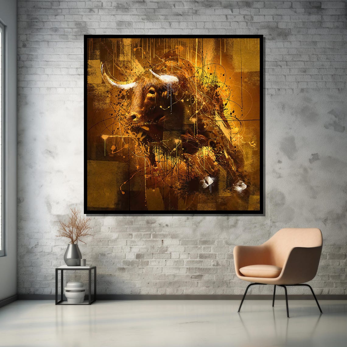 Golden Bull Abstract Splatter Rustic Western Art Poster for Office - Image 5