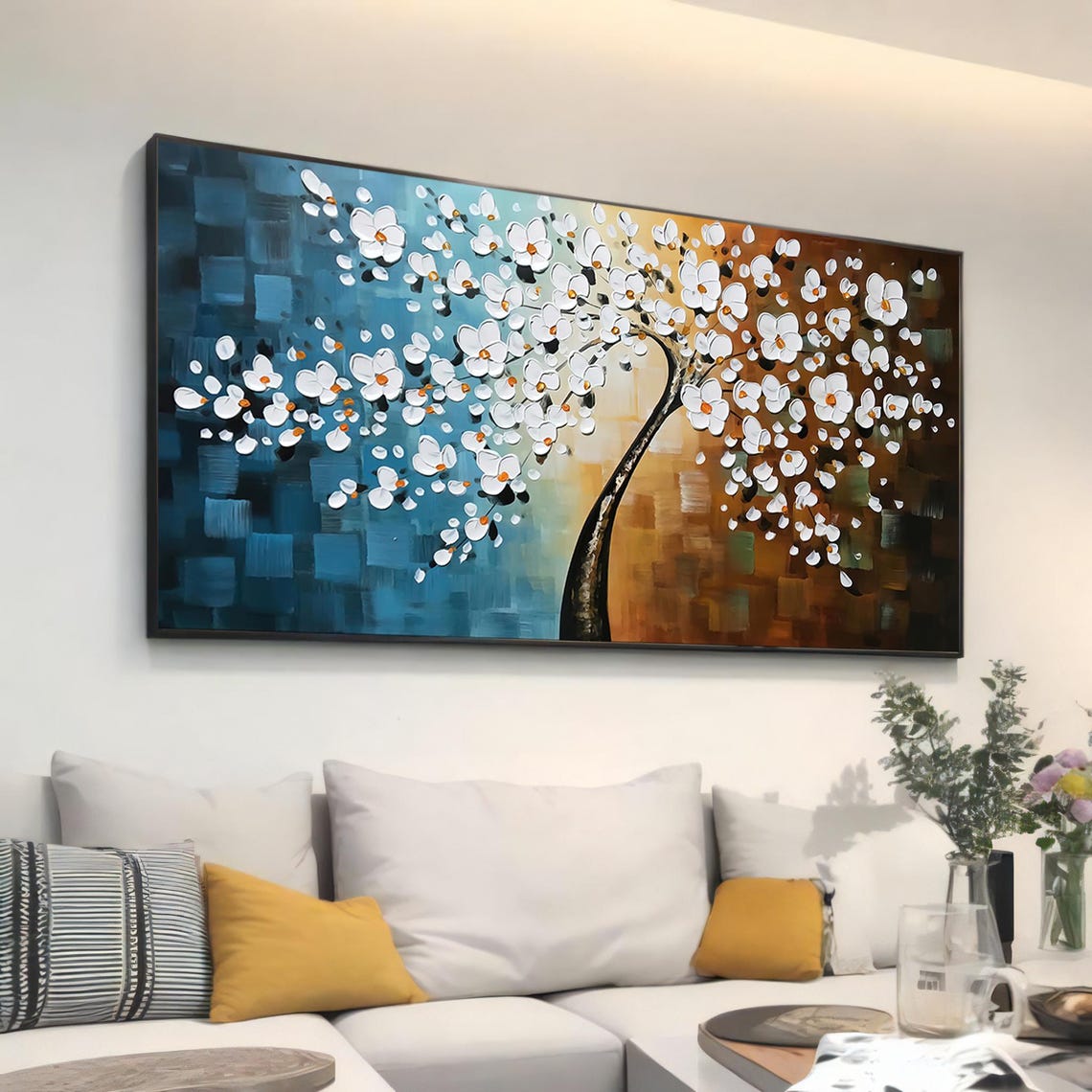 White Blossom Tree On Blue To Amber Gradient Background Poster