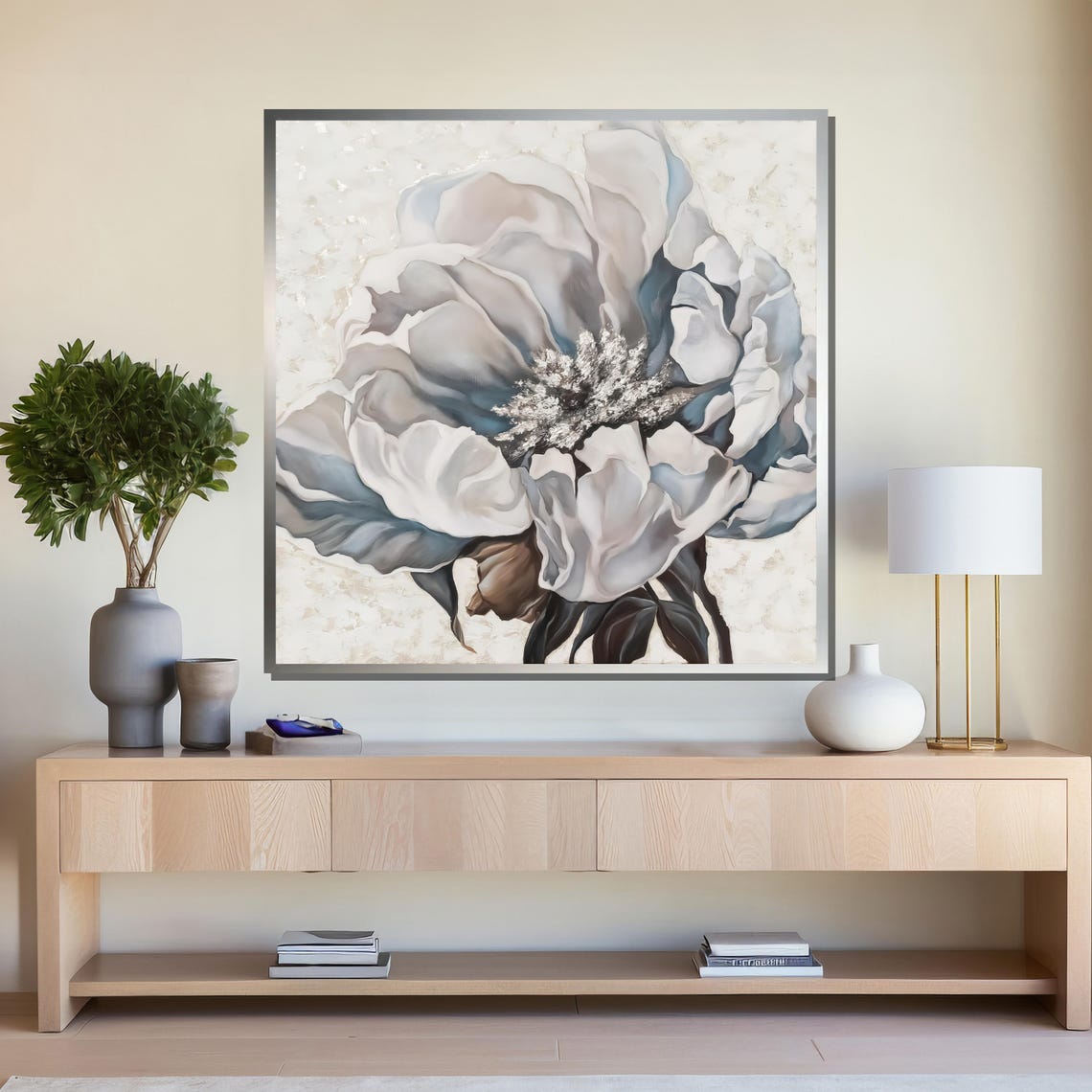 Gray and White Peony on Cream Textured Background Floral Art Poster - Image 4