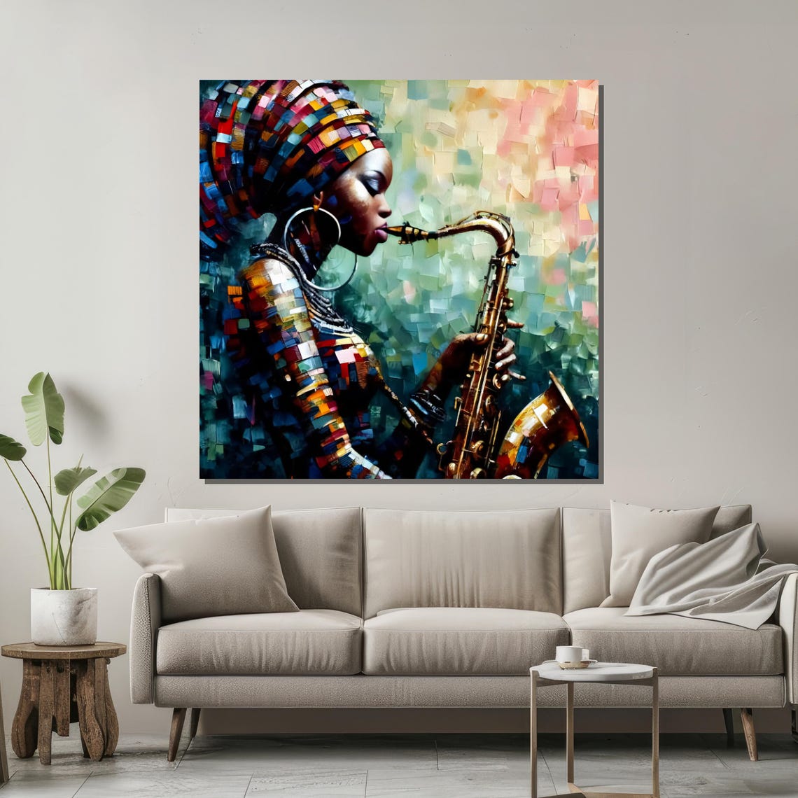 Jazz Woman with Saxophone Colorful Mosaic Poster for Music Room - Image 2