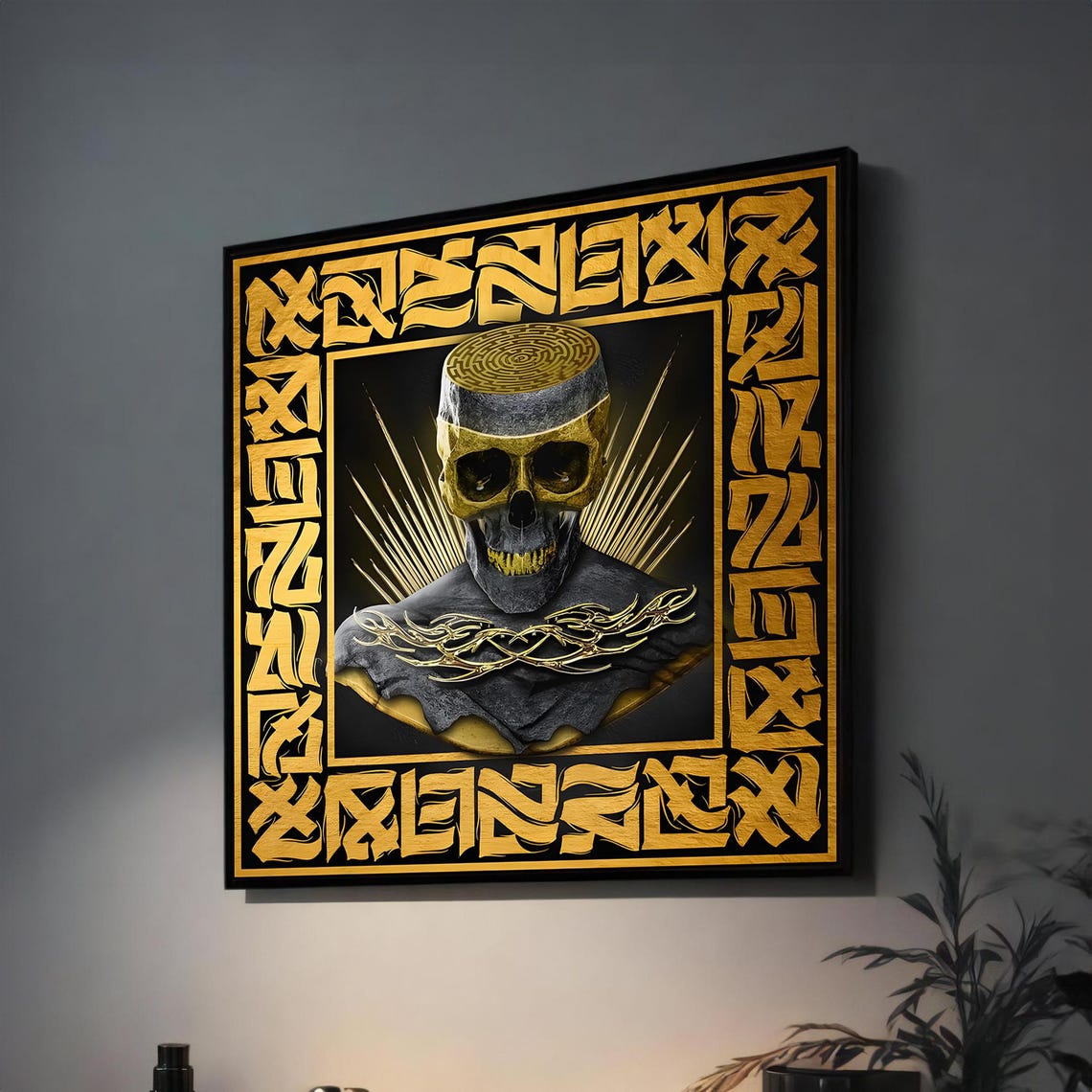 Golden Skull With Gold Calligraphy Border Bold Gothic Style Art Poster
