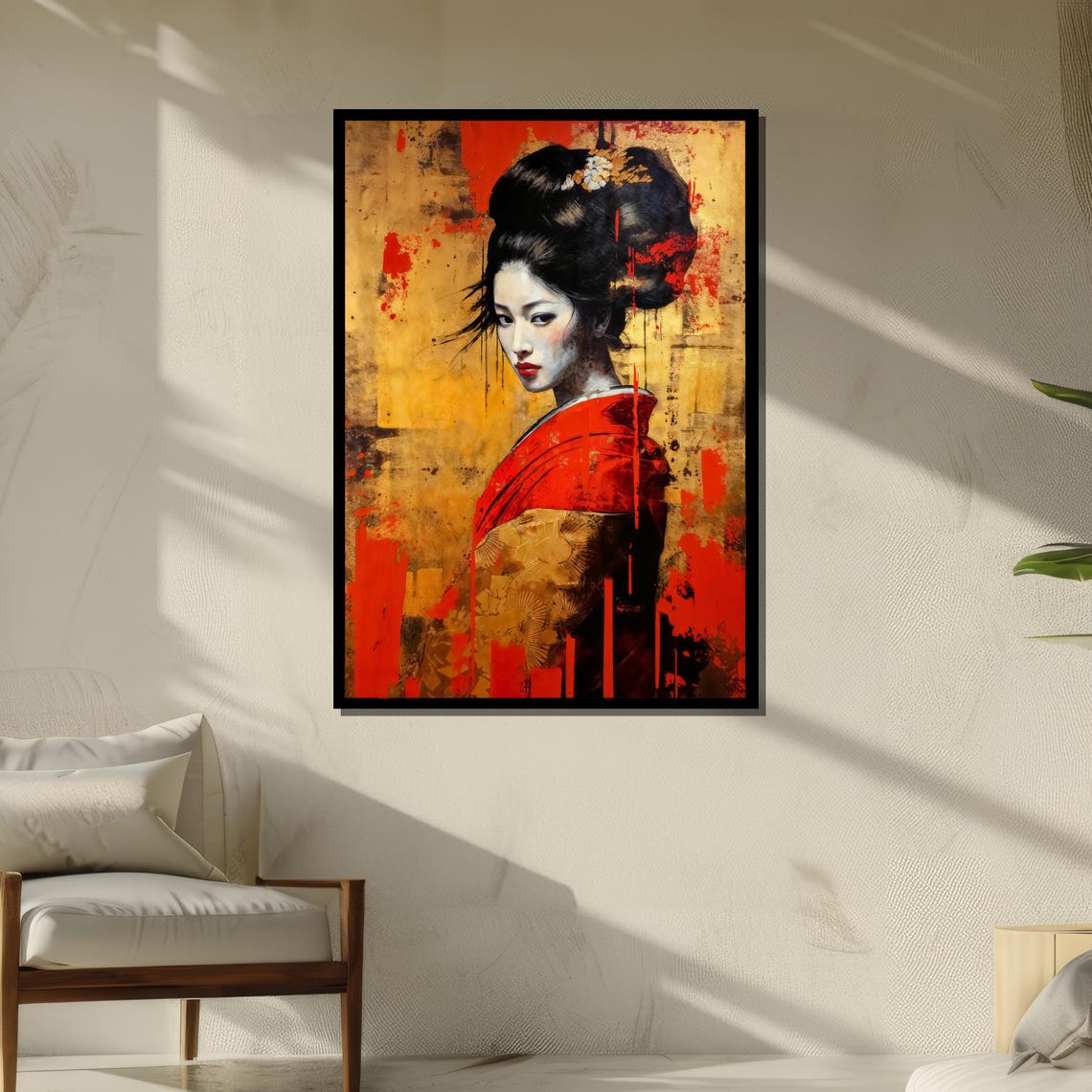 Bold Red Kimono Geisha Portrait On Gold Abstract Background Poster - Image 5