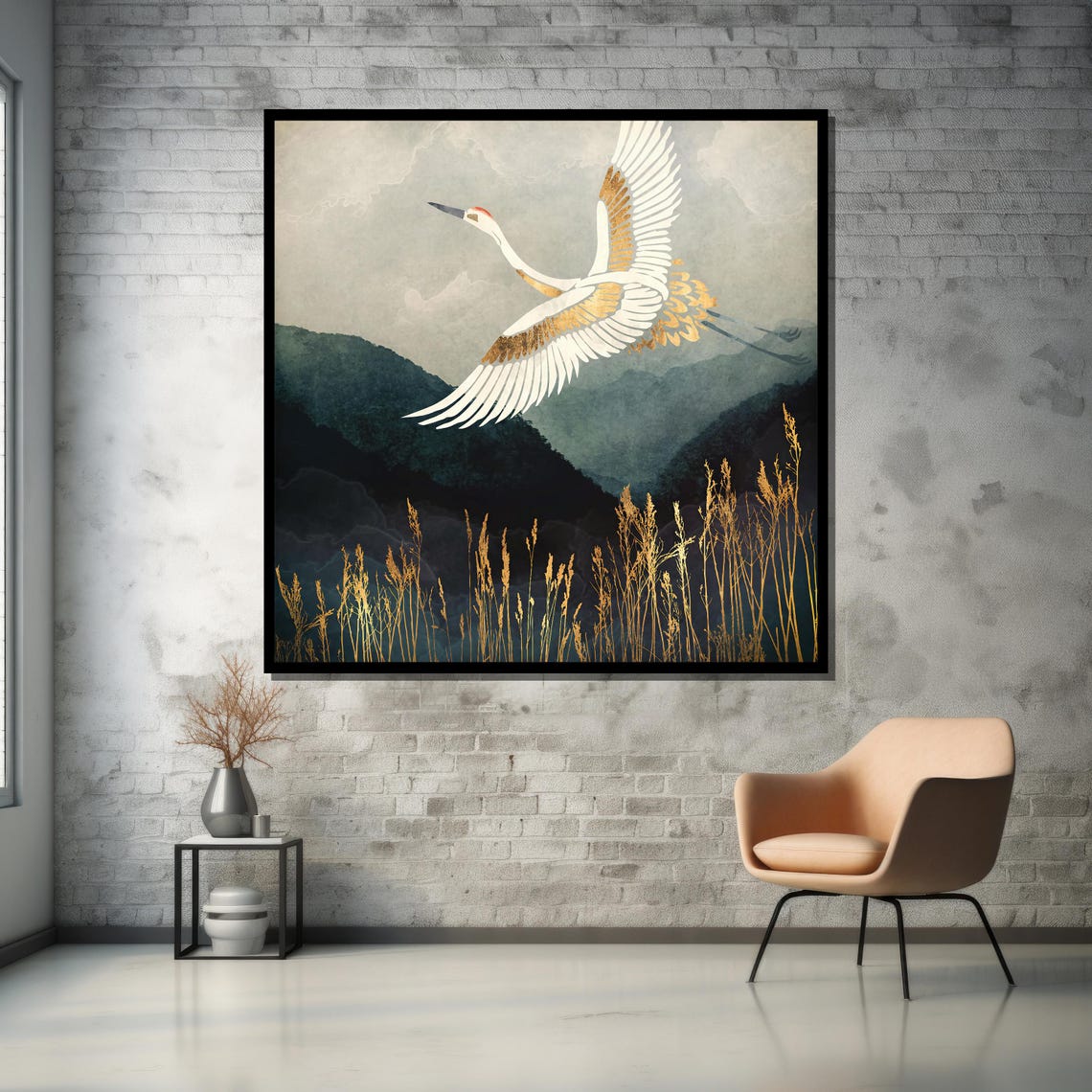 Majestic Crane in Flight Over Misty Mountains Poster for Zen Decor - Image 5