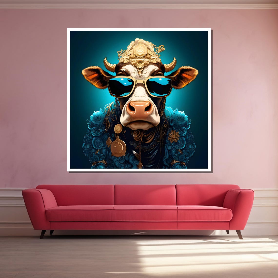 Funky Cow in Sunglasses Cool Animal Portrait Poster for Living Room - Image 3