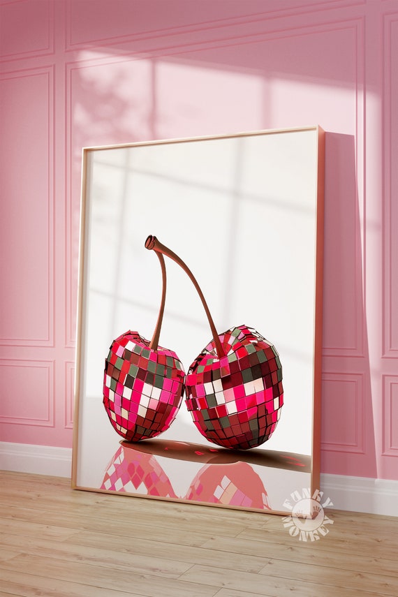 Disco Ball Cherry Print Pink Red Disco Cherries Preppy Aesthetic Trendy Wall Art Retro Kitchen Decor Print