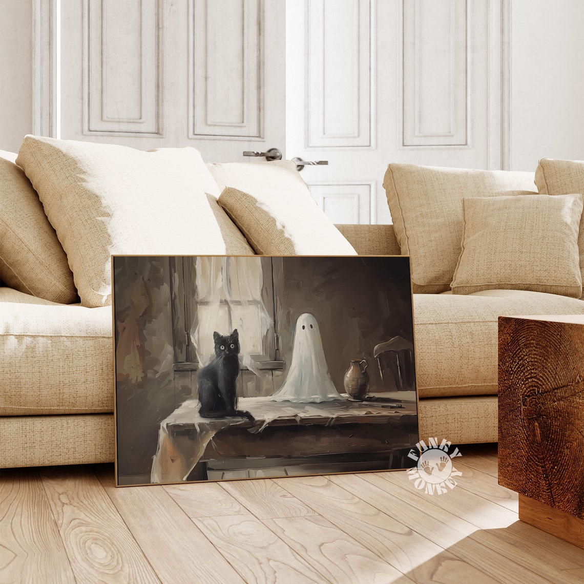 Black Cat and Ghost Rustic Kitchen Table Vintage Style Art Poster