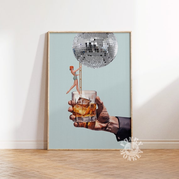 Retro Bar Cart Disco Whiskey Collage Poster