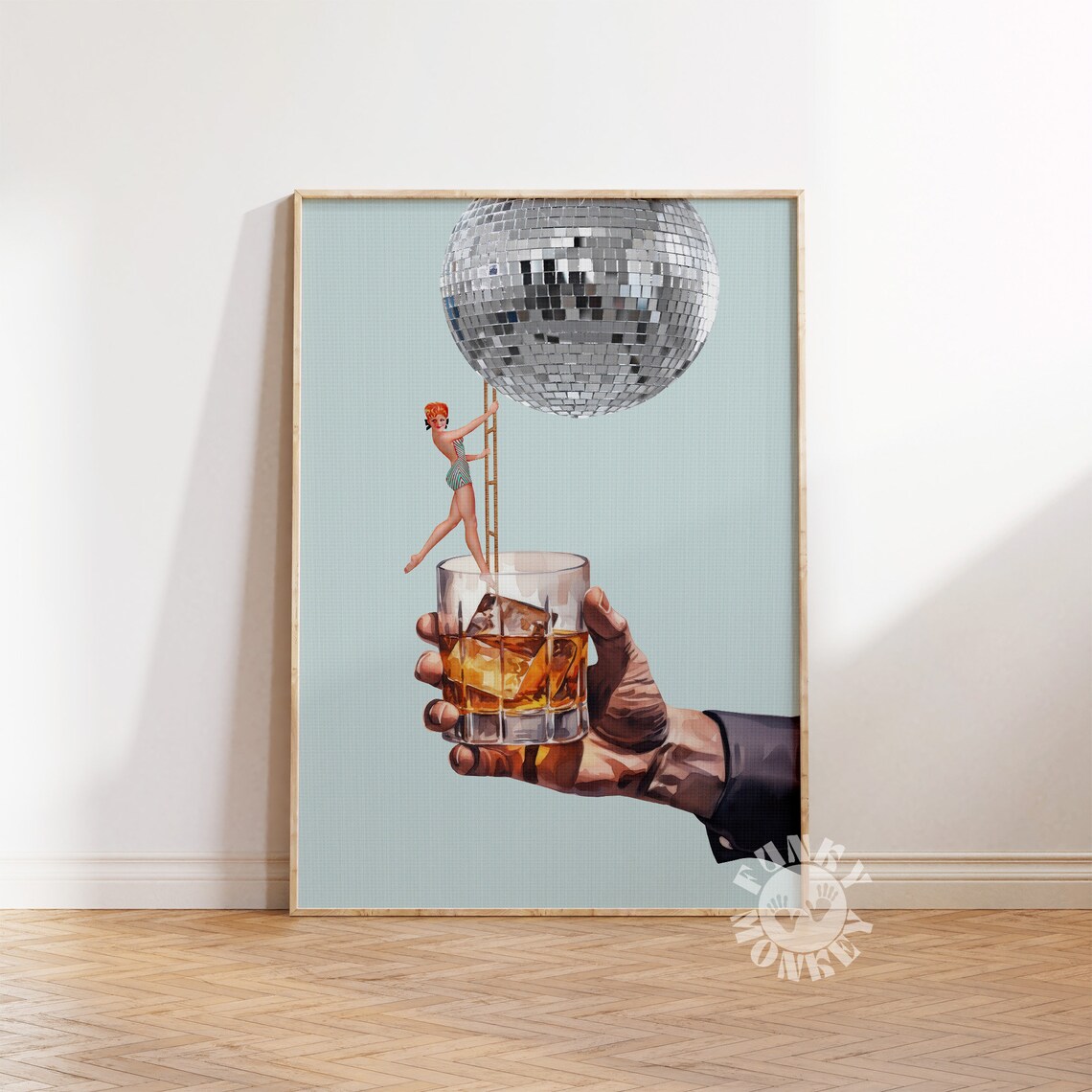 Retro Bar Cart Disco Whiskey Collage Poster