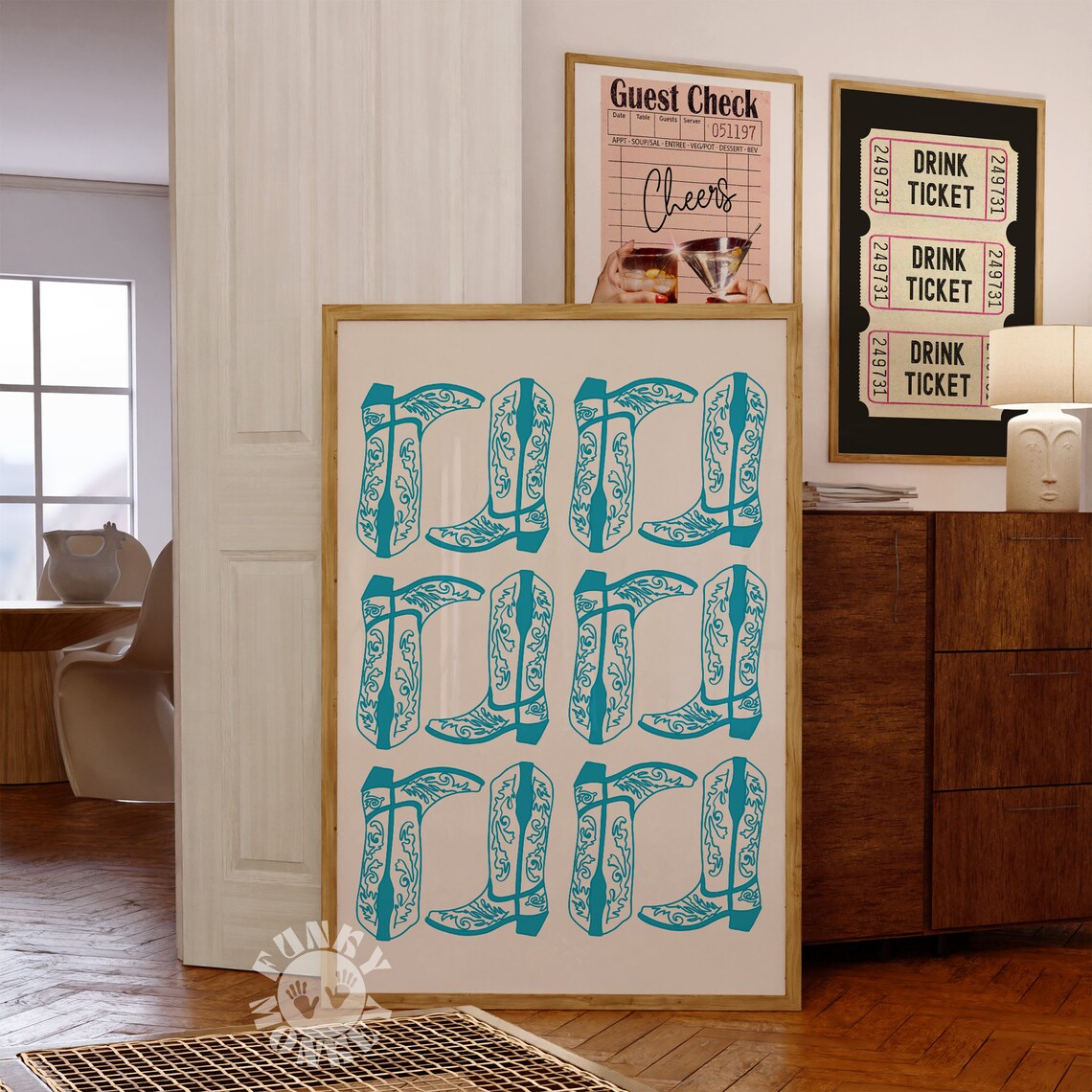 Cowgirl Boots Art Print Retro Western Aesthetic Coastal Cowgirl Art Blue Cowboy Boots College Dorm Room Decor Print