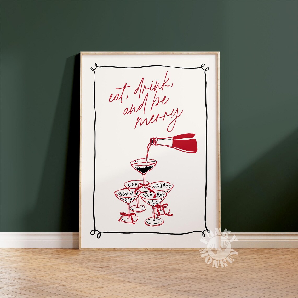 Christmas Cocktail Bar Cart Poster, Minimalist Holiday Decor