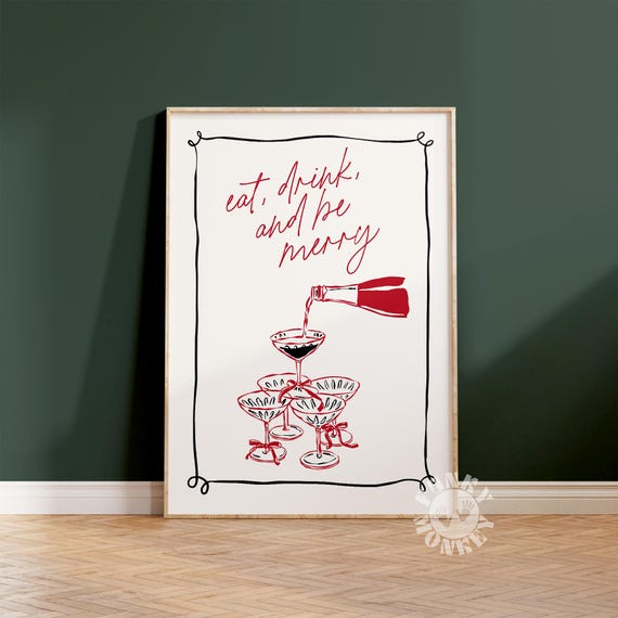 Christmas Cocktail Bar Cart Poster, Minimalist Holiday Decor