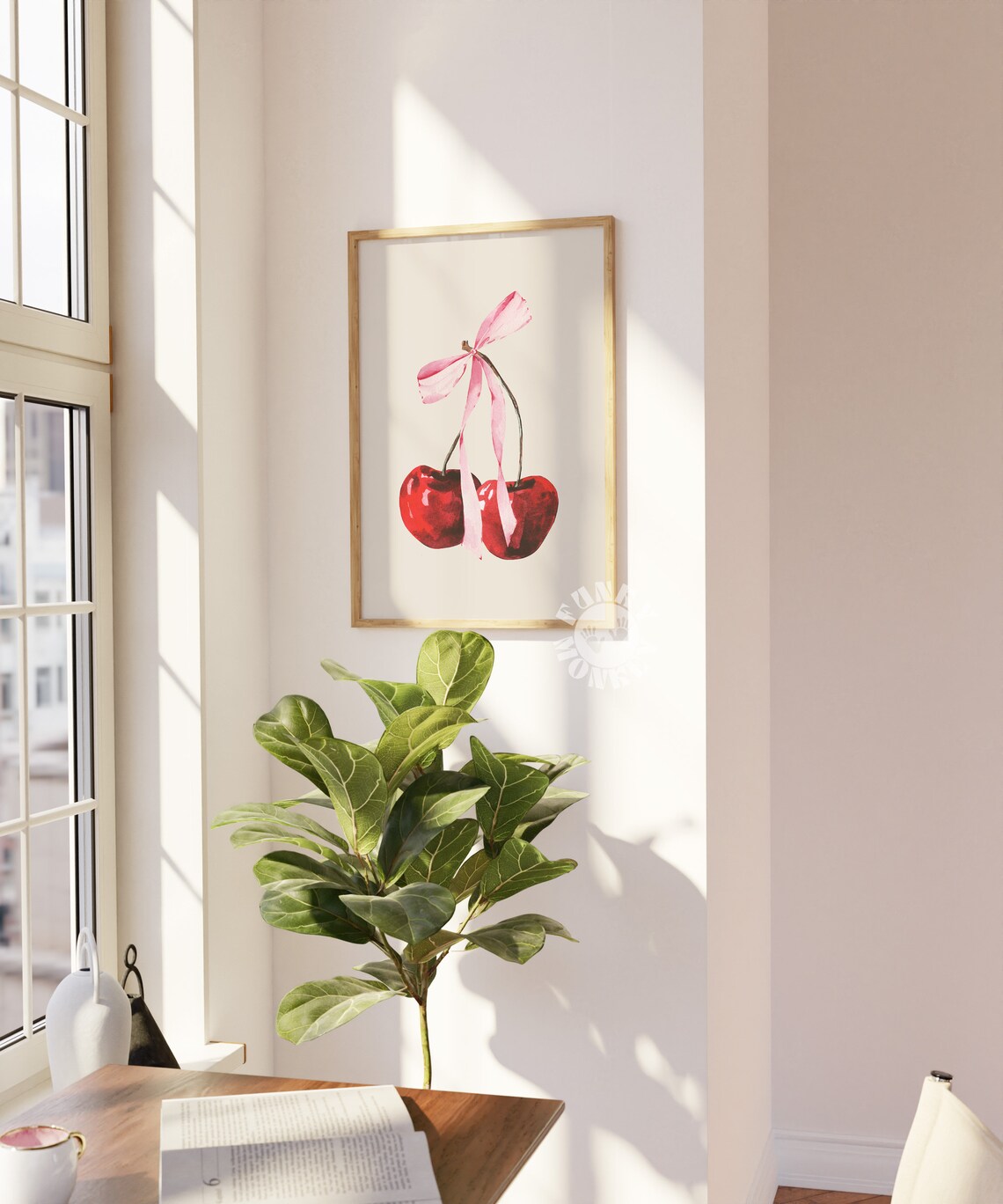 Cherry Art Print, Coquette Pink Bow Decor - Image 2