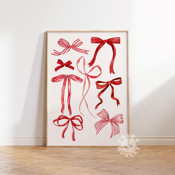 Red Christmas Bows Art Print, Preppy Holiday Decor