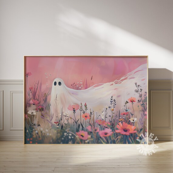 Cute Ghost In Pink Wildflower Field Sunset Halloween Art Poster