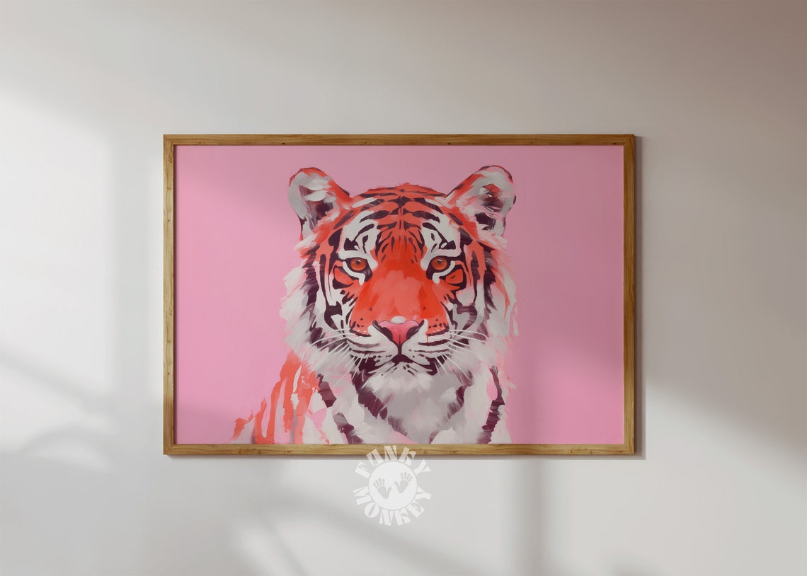 Bold Coral Tiger Portrait Pink Background Maximalist Art Poster - Image 2