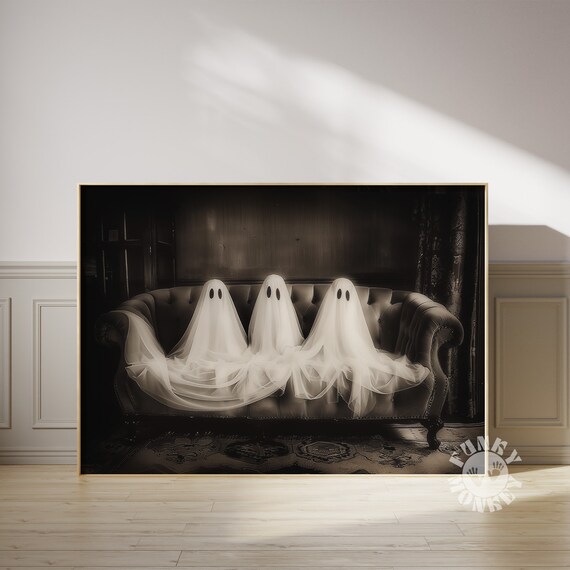 Halloween Ghost Art Print Vintage Style Oil Painting Cute Ghosts Sitting On Couch Cottagecore Decor Halloween Wall Art Print