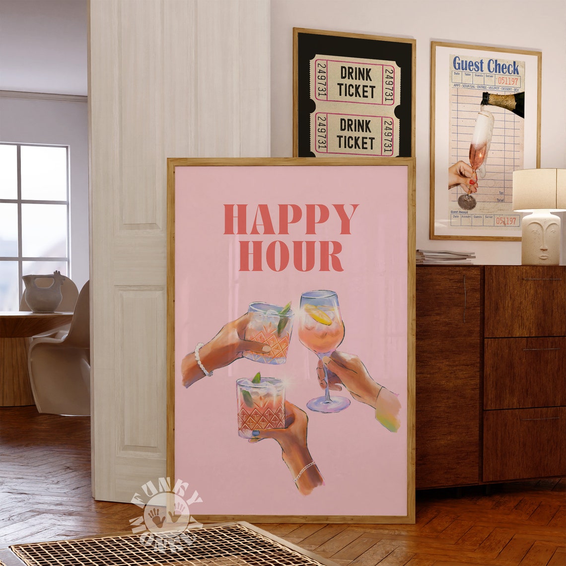 Happy Hour Cheers Cocktail Poster Pink Girly Bar Cart Wall Decor Fun