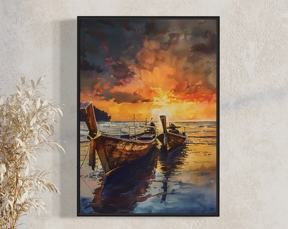 Thailand Sunrise Art Print Watercolour Longtail Boat Painting Exotic Thai Travel Souvenir Tropical Island Poster Ocean Sea Coastal Gift