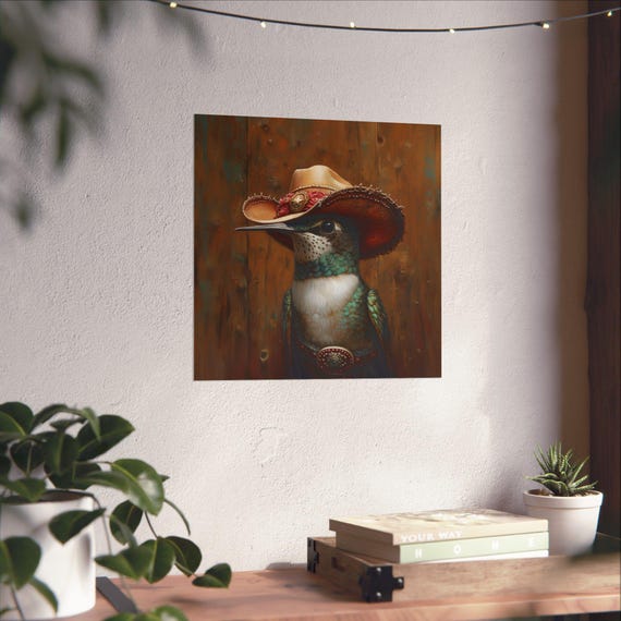 Hummingbird Cowboy Maximalist Eclectic Western Poster Print Bold Altered Party Animal Portrait Fantasy Colorful Renaissance Rustic