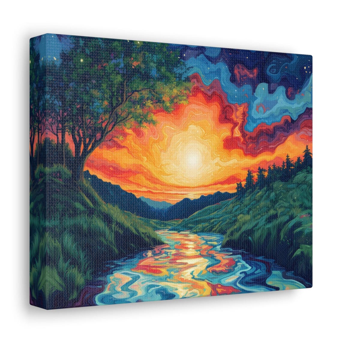 Swirling Psychedelic Sunrise Reflected in River Valley Art Print - Image 2