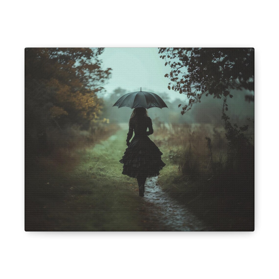 Woman in a Black Dress with Umbrella on a Misty Forest Path Gothic Poster - Image 2