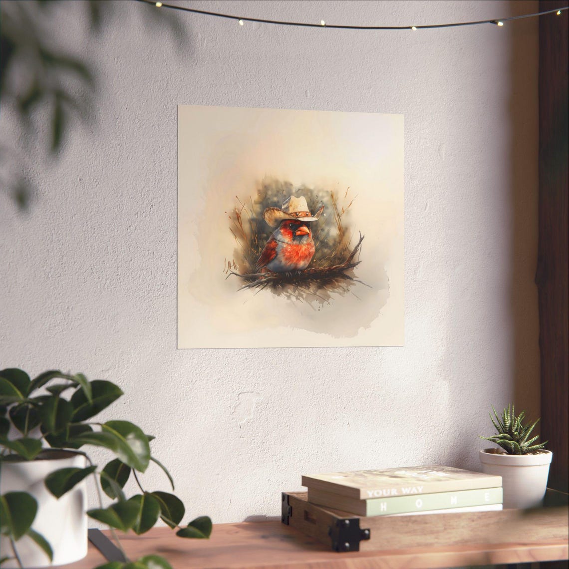 Red Cardinal Cowboy Hat Watercolor Branch Wildlife Songbird Poster