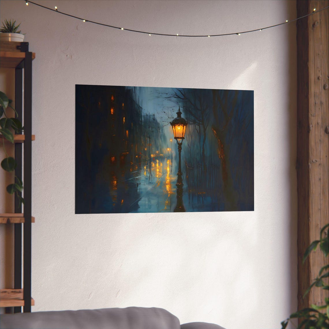 Rainy Night Street Scene Vintage Lamp Glowing Reflections Wall Art - Image 2