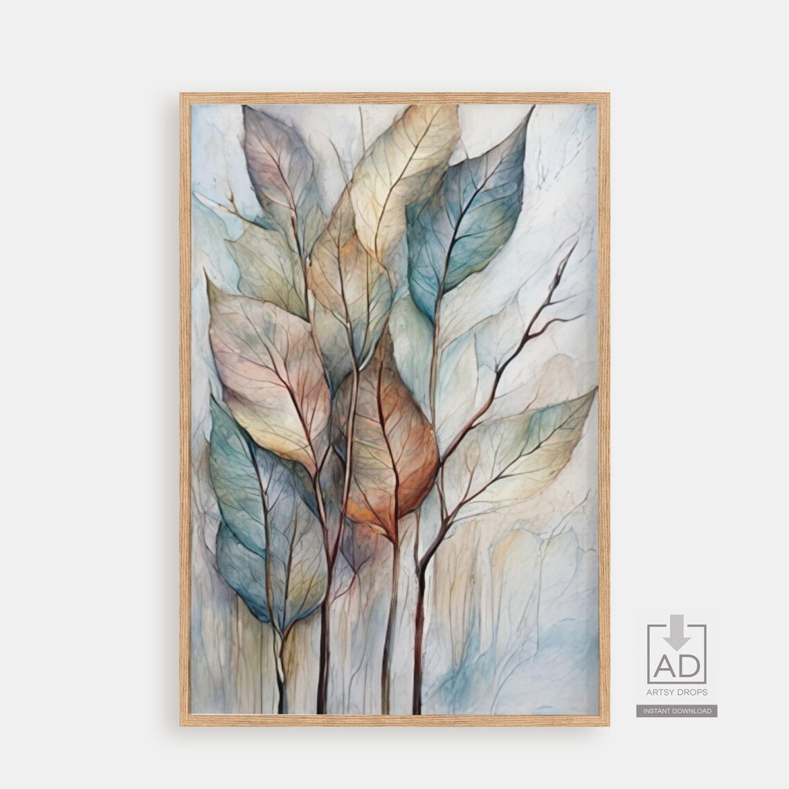 Muted Blue Amber Leaves Watercolor Painting Botanical Study Poster
