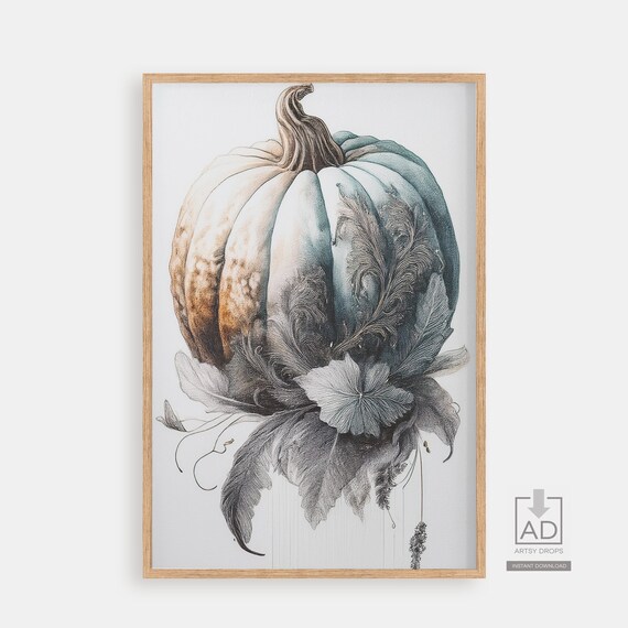 Vintage Pumpkin Engraving Monochrome Fall Botanical Illustration Wall Art