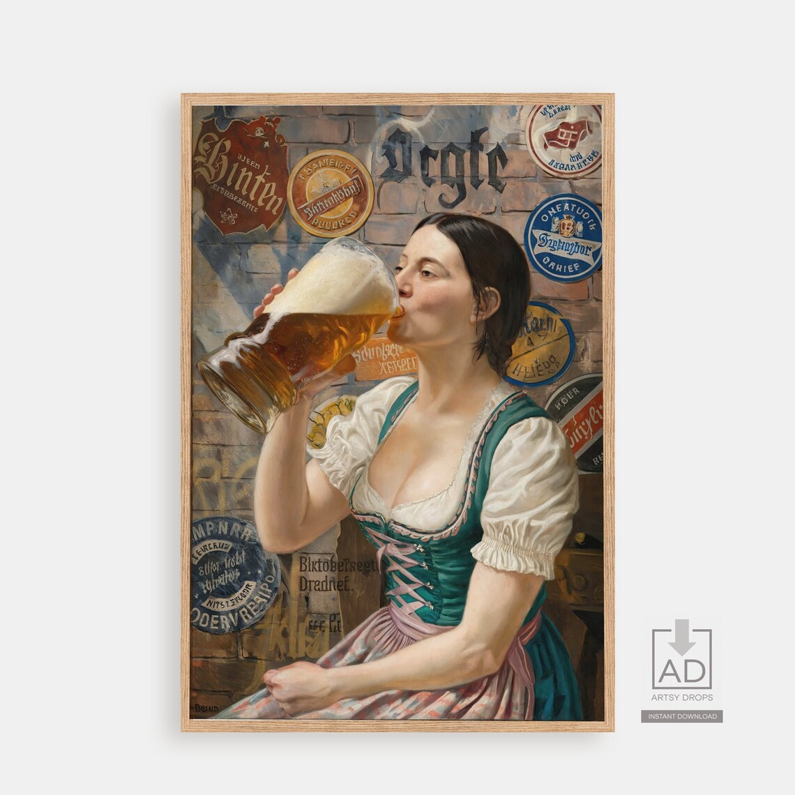 Bavarian Woman Drinking Beer Stein Vintage Pub Oil Painting Wall Art
